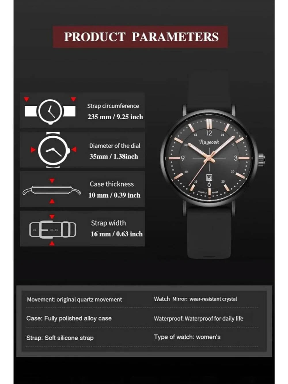 Women's Black Analog Quartz Silicone Band Calendar Date Display Wrist Watch
